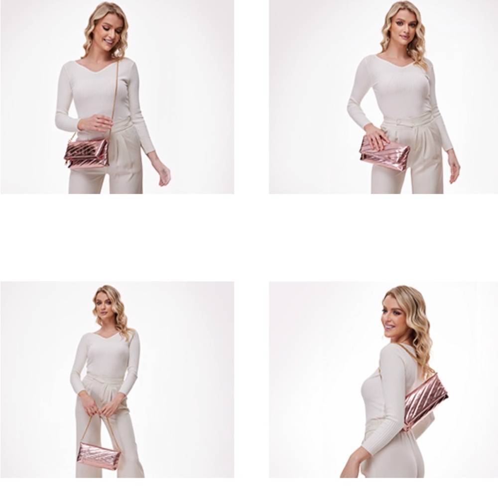 New-Rose Gold Quilted Clutch with Gold Crossbody Chain Strap